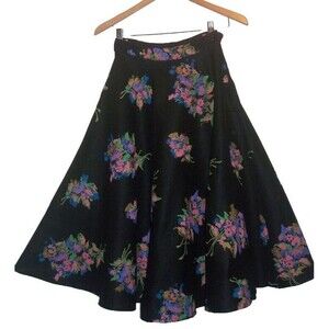 Black Felted Wool Screen Print Floral Swingy Full Vintage Circle Skirt 50s W25